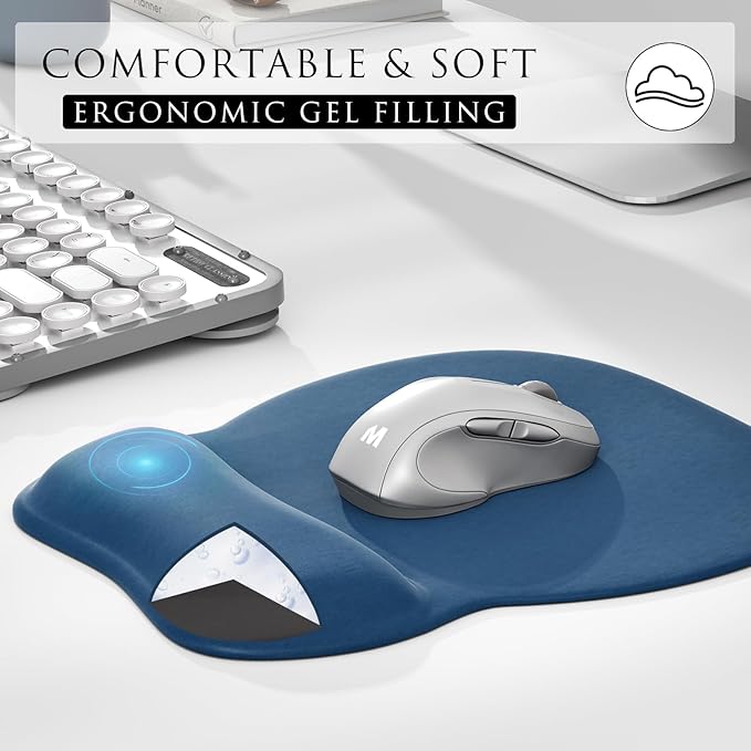 MROCO Ergonomic Mouse Pad with Gel Wrist Rest, Comfortable Mousepad with Smooth Wrist Support Surface and Non-Slip PU Base for Pain Relief, Computer, Laptop, Office & Home, 9.4 x 8.1 in, Navy Blue