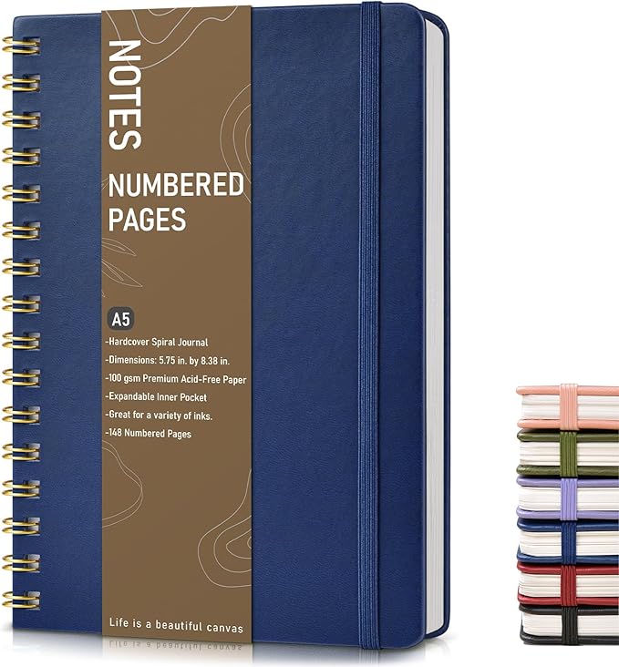 Lined Spiral Journal Notebook, A5 Hardcover Spiral Journals for Women Men, 150 Numbered Pages Spiral Bound Notebook, 100 GSM College Ruled Notebooks for Writing Note Taking 5.75" x 8.38", Navy Blue