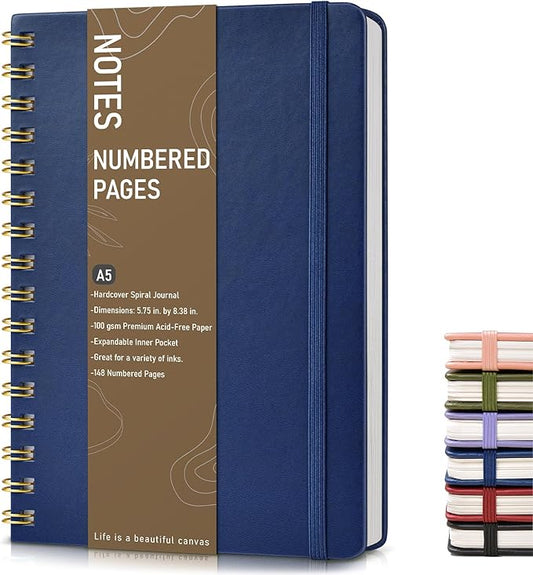 Lined Spiral Journal Notebook, A5 Hardcover Spiral Journals for Women Men, 150 Numbered Pages Spiral Bound Notebook, 100 GSM College Ruled Notebooks for Writing Note Taking 5.75" x 8.38", Navy Blue