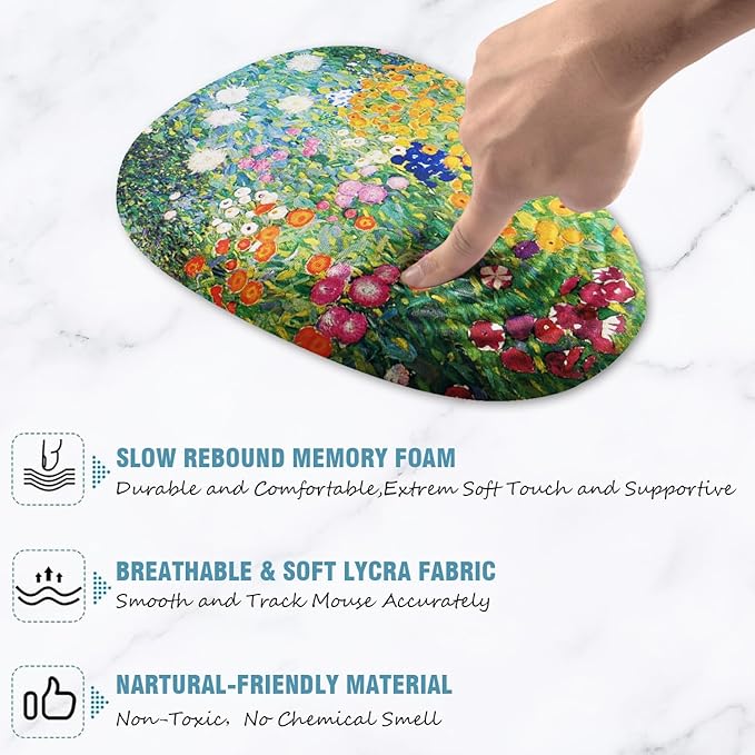 Mouse Pad, Cute Floral Mouse Pad with Wrist Rest Support and Non-Slip PU Base, Ergonomic Mousepad for Pain Relief, Office & Home, Computer, Oil Painting Flowers