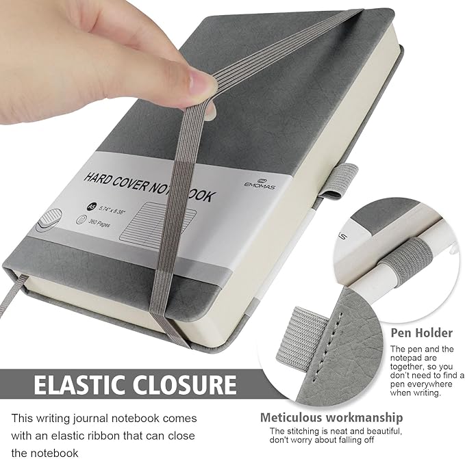 Lined Journal Notebook, 360 Numbered Pages(With page number), Thick Journal for Writing A5 College Ruled Notebook, 100gsm Lined Paper, Leather Hardcover, 5.75'' X 8.38''-Wall Gray