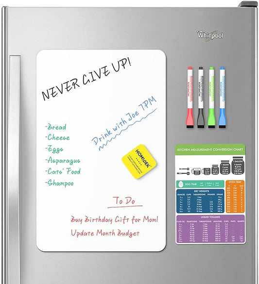 Magnetic Dry Erase Board: Small Fridge Whiteboard, Flexible Refrigerator Magnet White Board, Blank Writing Note Sheet with Kitchen Conversion Chart Magnet, 4 Markers & Eraser - 17 x 11