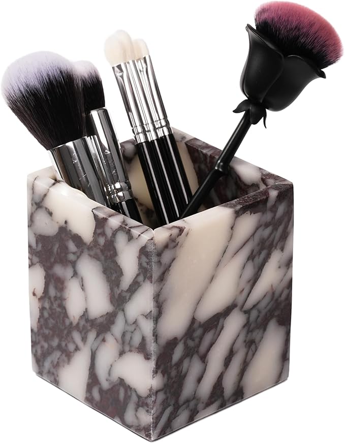 Marble Makeup Brush Holder - Viola Candle Toothbrush Cup for Bathroom Accessories, Decorative Pencil Organizer for Office Desk Aesthetic, Stone Utensil Container for Kitchen Countertop