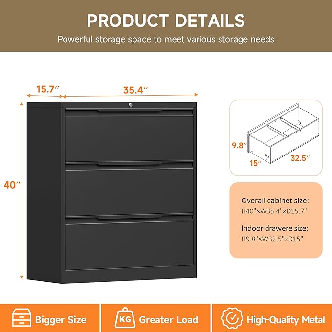 Lateral File Cabinet, 3 Drawer Lateral File Cabinet with Lock, Lockable Metal File Cabinet for Home Office, File Cabinet for Letter/Legal/F4/A4 Size (Black, 3 Drawer)