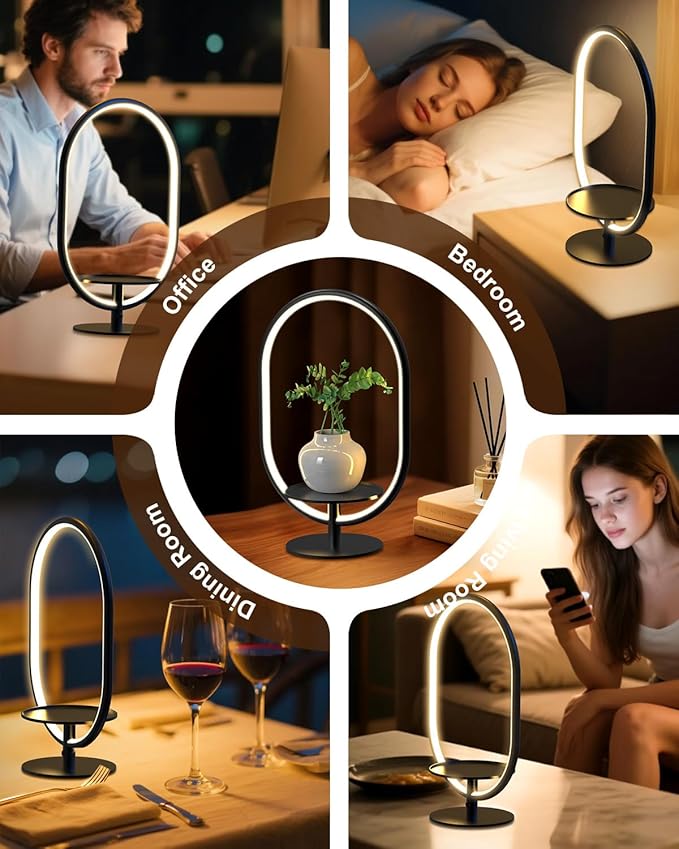 Modern LED Table Lamp with Storage Tray, Bedside Lamp with 3 Color Temperatures 10-Level Dimmable for Video Conference/Makeup/Streaming/Plants, LED Desk Lamp for Living Room Bedroom Office Decor