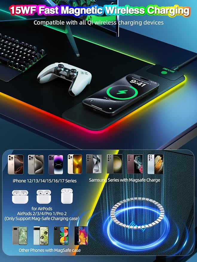 Magnetic Charging Mouse Pad, 31.5x11.81 Inch XL Gaming Mousepad, 11+5 RGB Lighting Modes, Home Office Large Desk Pad with Ultra-Smooth Surface, Non-Slip, Waterproof Keyboard Pad Classic Black Desk Mat
