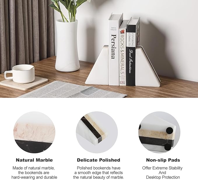 Marble Book Ends, Non-Skid Bookends for Shelves, Composite Bookend with Natural Marble, Heavy Duty Book Stopper, Collected CDs and Oversized Books Organizer, Gold & Black Decorative Bookends