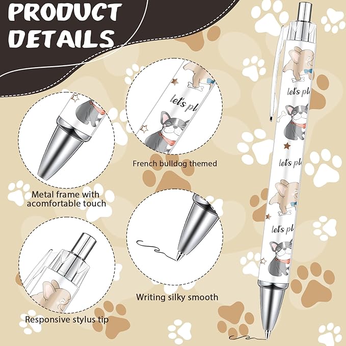 French Bulldog Ballpoint Pens - 24Pcs Cartoon Dog Pen Set Frenchie Animal Retractable Smooth Writing Ballpoint Pen Gift for Women Men Dog Lovers Teen Office Teacher Students Party Supplies