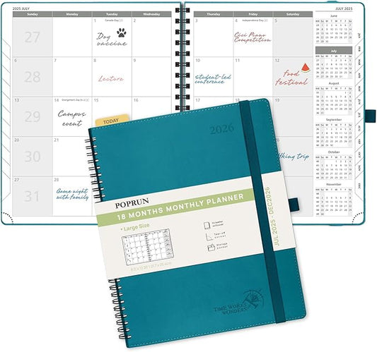 POPRUN Monthly Planner 2025-2026 Spiral Bound (8.5'' x 10.5'') 18 Months Calendar (Jul 2025 - Dec 2026) - 4 Pages per Month with Monthly Expense & Notes, Sunday Start, Leather Cover - Pacific Green