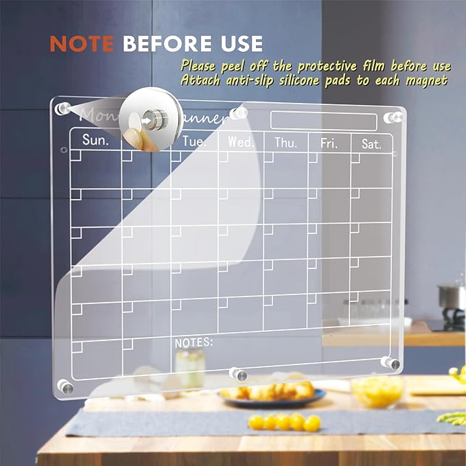 Magnetic Acrylic Calendar for Fridge,1 Pack 12"x16" Clear Fridge Calendar Dry Erase Magnetic Planning Boards Set(Monthly Planner_1)