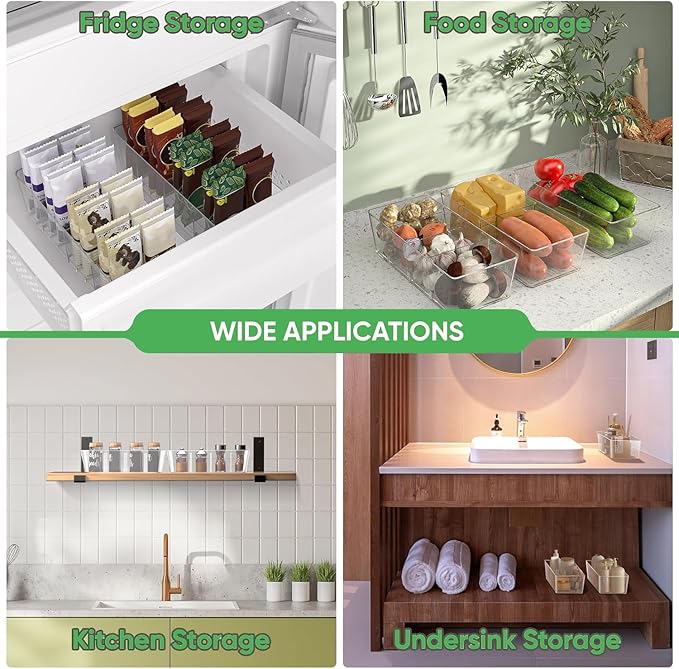 Pantry Organizers and Storage,Kitchen Organizers and Storage for Fridge,Drawer and Refrigerator - Spice Organization for Cabinet,Clear Plastic Stackable Organizer Bins with 3 Dividers (7 Pcs)