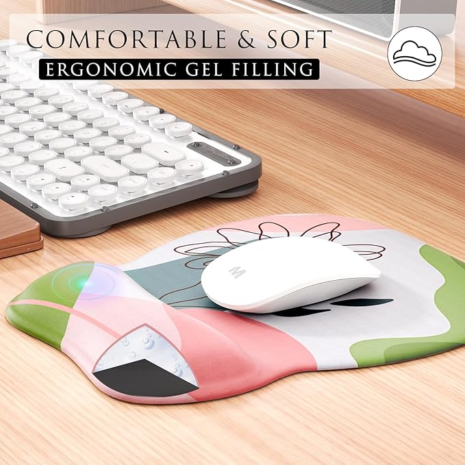 MROCO Ergonomic Mouse Pad with Gel Wrist Rest, Comfortable Mousepad with Smooth Wrist Support Surface and Non-Slip PU Base for Pain Relief, Computer, Laptop, Office & Home, 9.4 x 8.1 in, Pastel Petals