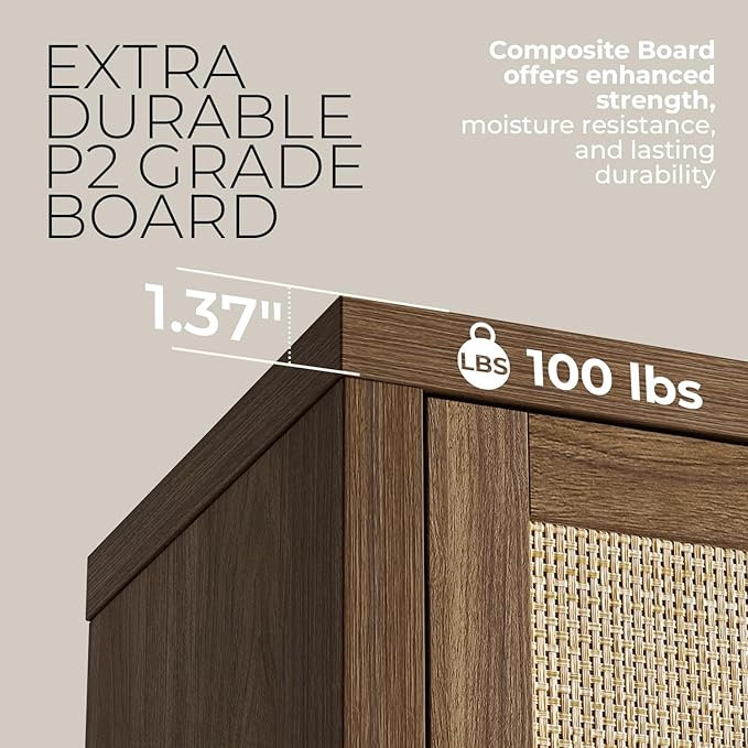 Walsham 61'' Buffet Cabinet with Storage, Adjustable Shelf Sideboard Rattan Entryway Console Cabinet with Doors Modern Credenza Coffee Bar Station for Kichen Living Room Holds 410lb Special Walnut