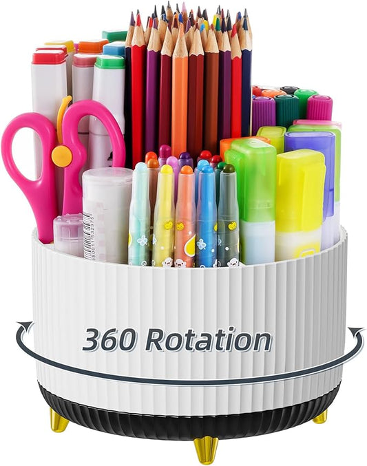 Marbrasse Desk Organizer, 360-Degree Rotating Pen Holder for Desk, Desk Organizers and Accessories with 5 Compartments Pencil Organizer, Art Supply Storage Box Caddy for Office, Home (White+Black)