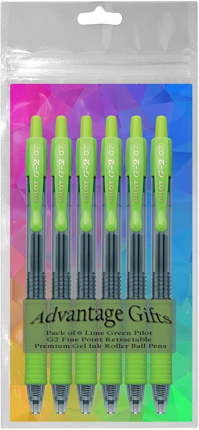 G2 Retractable Premium Gel Ink Roller Ball Pens Fine Point Fine Point (.7mm) Lime Ink 6-pk; Refillable & Premium Comfort Grip Bundle with Plastic Reusable Pouch