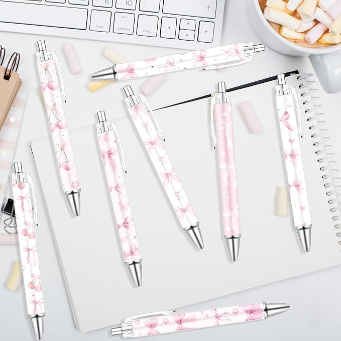 Coquete Bows Ballpoint Pens - 24PCS Pink Ribbon Bows Pens Set Cute Cherries Smooth Writing Pens Retractable Pink Conquette Bow Pen for Office Stationery School Supplies for Women Teacher Gifts