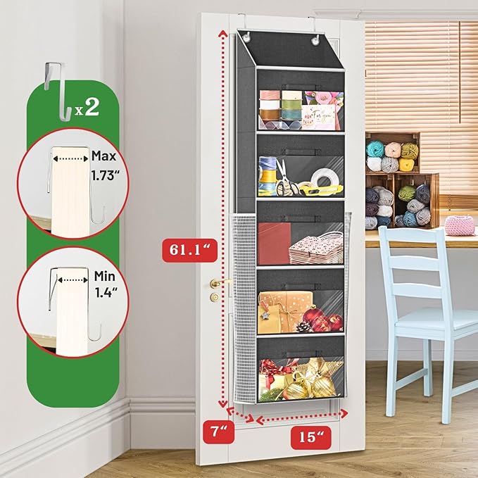 Ofiray-home Over Door Wrapping Paper Organizer Storage with 5 Removable Drawers & 2 Large Side Pockets for Gift Wrap Rolls Wrap Storage for Ribbons, Bows, Ornaments and Tools