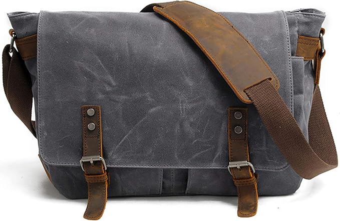 Men's Canvas Leather Messenger Bag Shoulder Crossbody Laptop Bag Satchel 14 Inch (M49_Dark Gray)