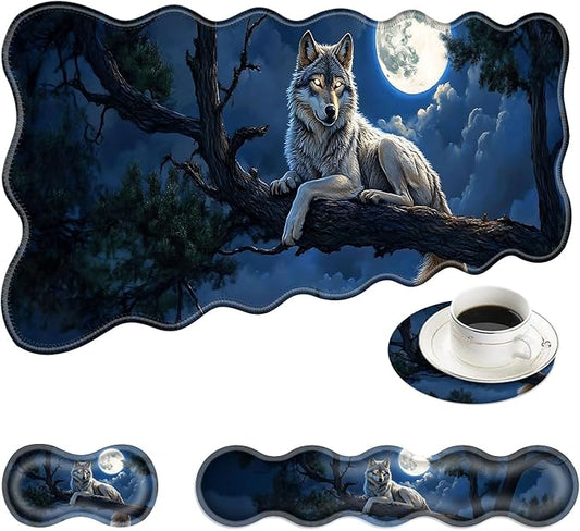 Large Mouse Pad and Keyboard Wrist Rest, Desk Pad for Keyboard and Mouse, 4-in-1 Large Gaming Mouse Pad with Wrist Support, Desk Mat for Home Office Study Game-Wolf in The Moonlight