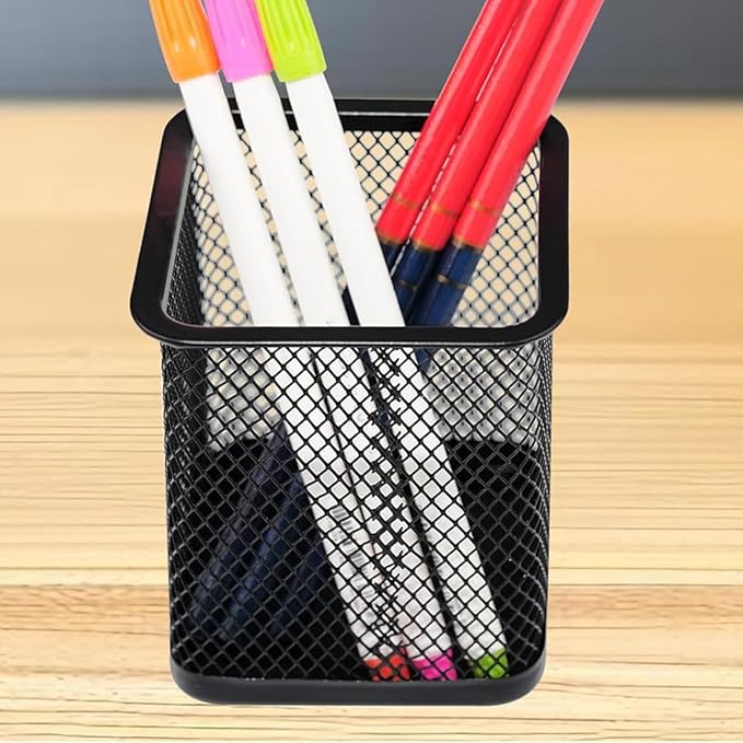 Pen Holder Pencil Holder Metal Pen Holder Cup Pencil Holder for Desk Office Pen Pencil Organizer for Desk Black, Square 4 Pack