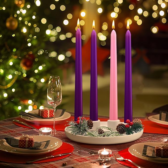 Ceramic Christmas Advent Candles Holder with 12 Taper Candles Candlestick 7.8 Inch Advent Wreath Candleholder Tray for 4 Christmas Table Centerpiece Decorations Holiday Indoor Xmas Home Decor