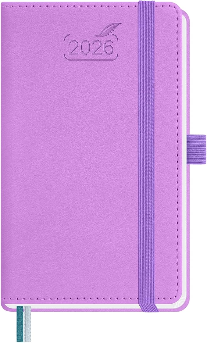 BEZEND Pocket Calendar 2026 Weekly and Monthly (3.5" x 6") Small Daily Planner for Purse (Jan-Dec) with Notes & Expenses, Inner Pocket, Pen Holder, Vegan Leather Hardcover - Lavender