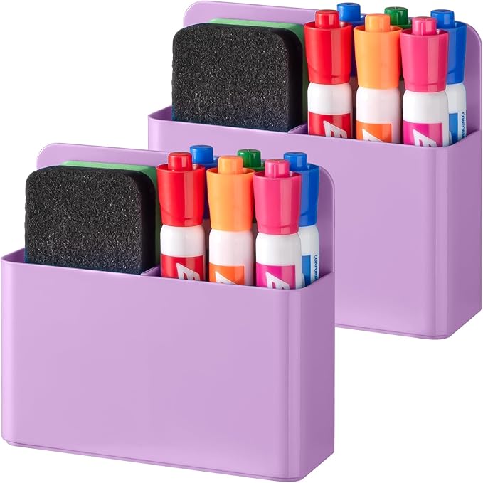 BEYGORM 2 Pack Plastic Magnetic Pen Holder for Refrigerator, Dry Erase Marker Holder for Whiteboard，Magnet School Locker Organizer Accessories, Pencil Cup, Pen Caddy, Classroom Organization(Purple)