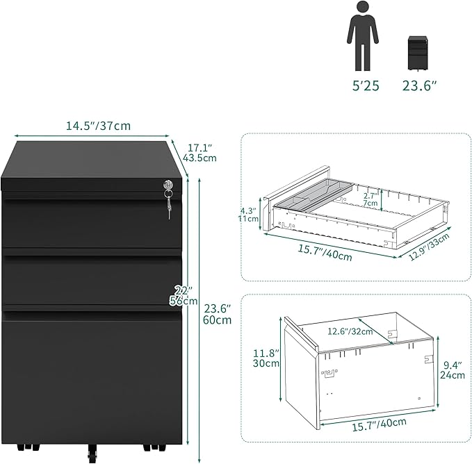 YITAHOME 3 Drawer File Cabinet with Lock, 20" Deep Office Vertical Files, Mobile Metal Filing Cabinet, Metal Vertical Filing Storage Cabinet for Letters/Legal/A4 Size,Black