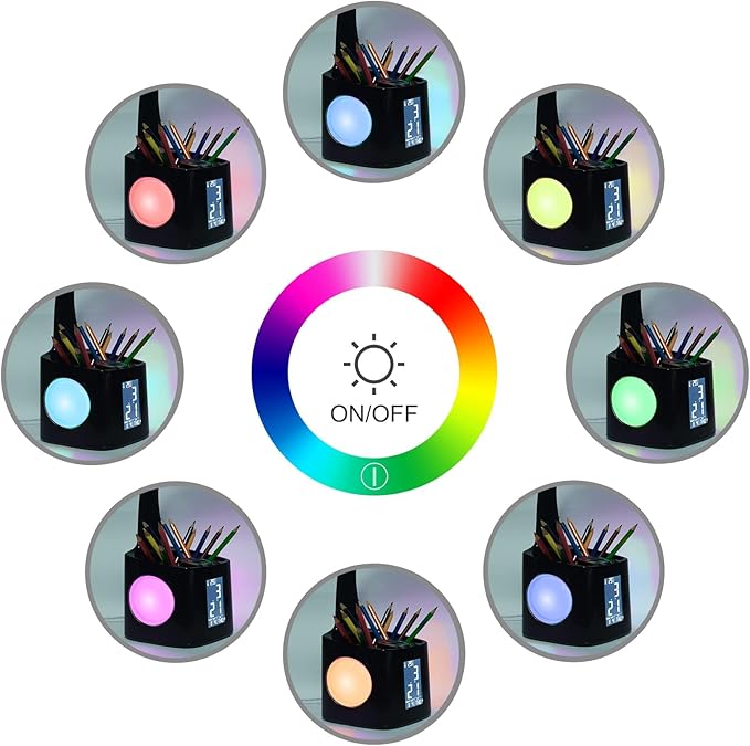 LED Desk Lamp with Clock,Color Changing Nightlight,Study Lamp with Pen Holder,Desk Light with USB Charger,Table Light for Home,Office,Gift for Kids,Students,Women,Black