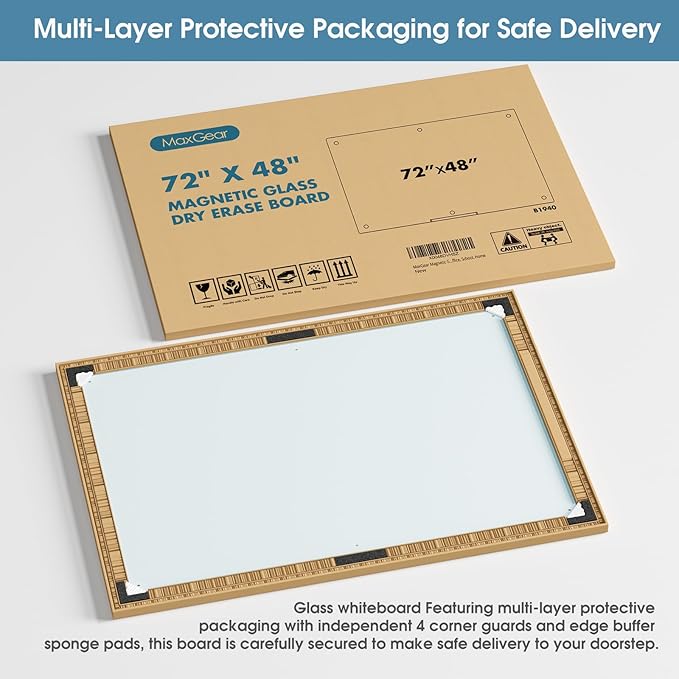 MaxGear Glass White Board 72"x48"(6' x4'), Wall Mounted Magnetic Glass Dry Erase Board, Extra Large Frameless Whiteboard with 1 Eraser,3 Markers and 6 Magnets for Office, School, Home