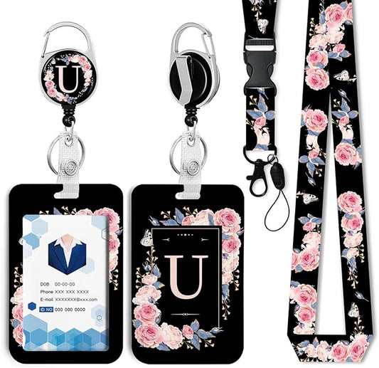 A-Z Badge Holder with Retractable Reel and Breakaway Lanyard Badge Clips Retractable Heavy Duty Badge Reel，Keychain，ID Holder with Breakaway Lanyard for School Nurse Office Teen U