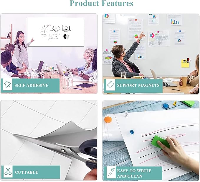 Magnetic Dry Erase Whiteboard Sheet, 72" x 40" Self Adhesive Whiteboard for Wall, Easy to Write and Clean Dry Erase Board for Kids, Office, Home, with Marker, Magnetic Eraser and Magnets