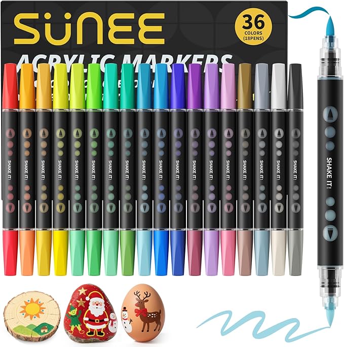 SUNEE 36 Colors Acrylic Paint Markers, 18 Pack Brush Tip Paint Pens with Automatic Ink Control System, Coloring Markers for Metal, Rock, Ceramic, Wood, Canvas, Glass, DIY Crafts Art Supplies Kit