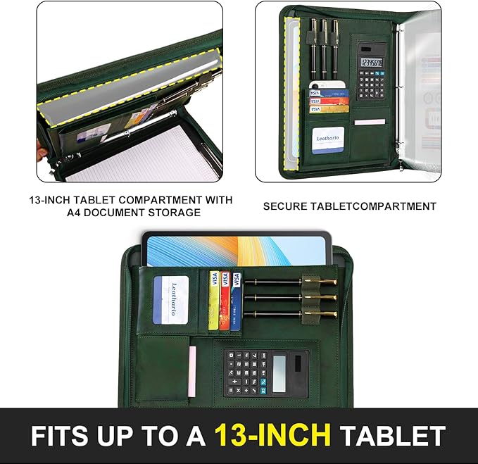 Leathario Portfolio Binder, 3-Ring Folder Organizer, Includes 5 Sheet Protectors and a Pen, Vegan Leather A4 Padfolio for Tablets, Business Conferences Professional Document Organizer, Office Supplies