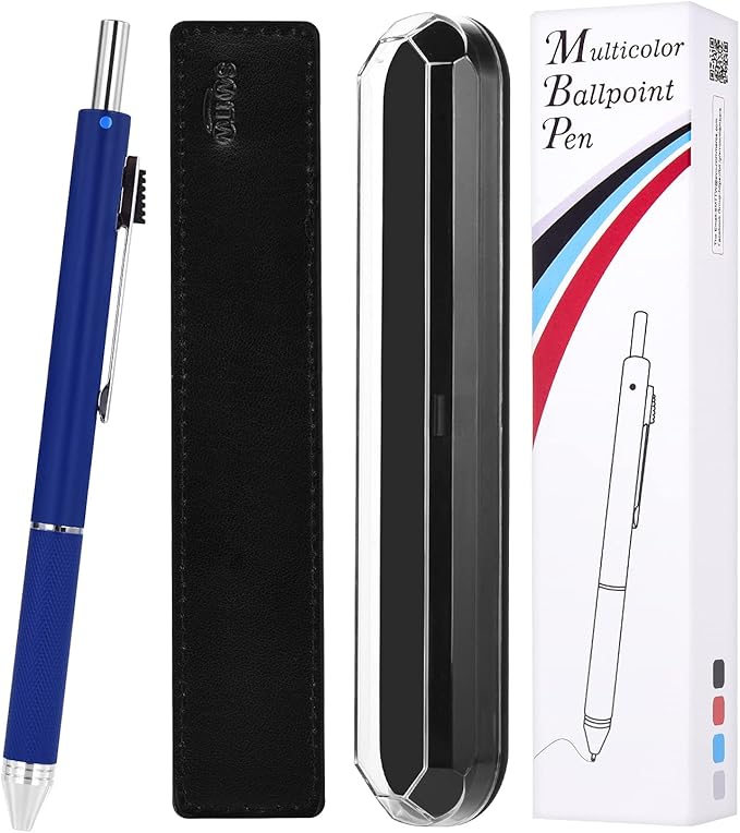 SMTTW 4-in-1Multicolor Pen,Mechanical Pencil&Black Red Blue Metal Pen,Multi Colored Pens in One with Portable Case,Refillable Ballpoint Pen with Gift Box,Professional,Executive Multifunction Pen(Blue)