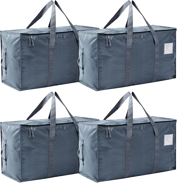 Moving Bags Heavy Duty Extra Large, Moving Boxes, Moving Supplies Essentials,Storage Bins with Lids, Plastic Packing Totes, Storage Bags for Clothes with Handles & Zippers(Grey, 4 Pack)