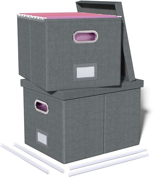 Oterri 2 Pack File Storage Organizer, Filing Box, Portable File Box with Lid, Fit for Letter/Legal File Folder Storage, Document Organizer, Dark-gray