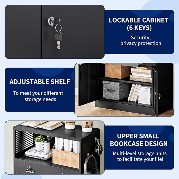 Yizosh Metal Storage Cabinet with 2 Drawers and Locking Doors,- 41.3" Steel Lockable Storage Cabinet with Shelves for Home Office,Garage,School (Black)