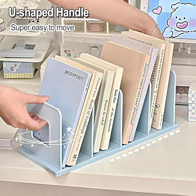 Lemical 4 Section Divider File Folder Holder Desk Book Organizer Desktop Bookshelf File Organizer Portable Plastic Kitchen Under Sink Organizer Pot Rack Handbag Sorter (Blue)