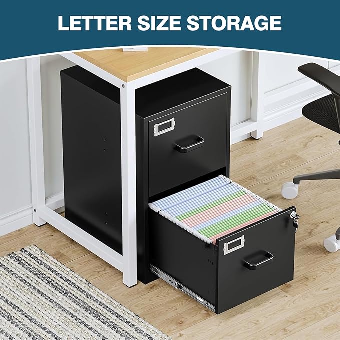 MIIIKO 2 Drawer Filing Cabinet with Lock, Metal Vertical File Cabinets for Home Office, Lockable File Storage Cabinets Under Desk, Letter/A4 File Folders Storage(Assembly Required)