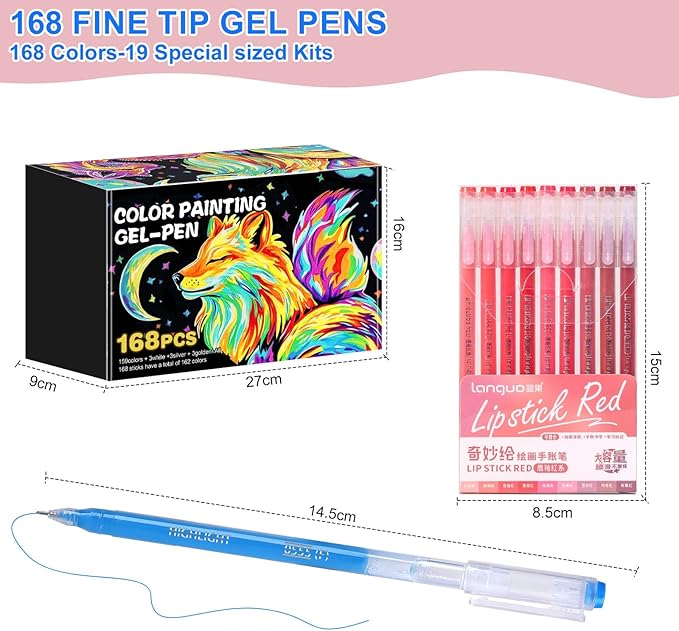 168 Colors Gel Pens, 0.6 mm Fine Tip Gel Pens for Adult Coloring Book—Portable Case gel pens Colored for Coloring,Journaling, Drawing,Painting & DIY Crafts. Non-Toxic,Smooth,Water-Based