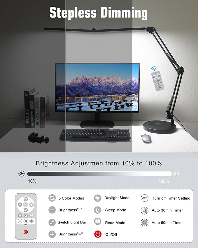 Toolour LED Desk Lamps for Home Office 2 in 1 Double Head Desk Lamp with Clamp Base,Remote Control,Dimmable Architect Clip on Desktop Computer Light Bar with Memory for Workbench Darkroom