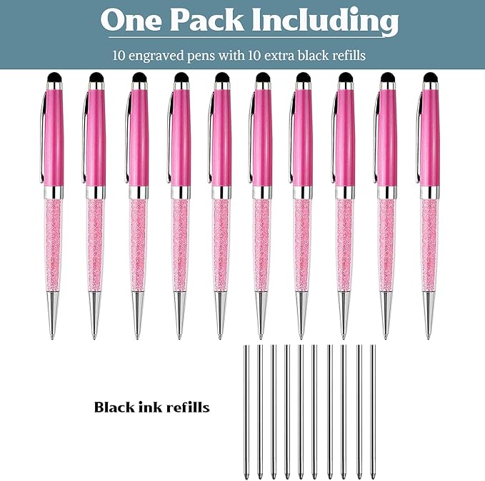 Ancolo Personalized Crystal Pens with Stylus Tip, Office Writing Set- Engraved with Your Message Name Company Team Name, Gift for Women Girl 10 Pens/Box (Pink)