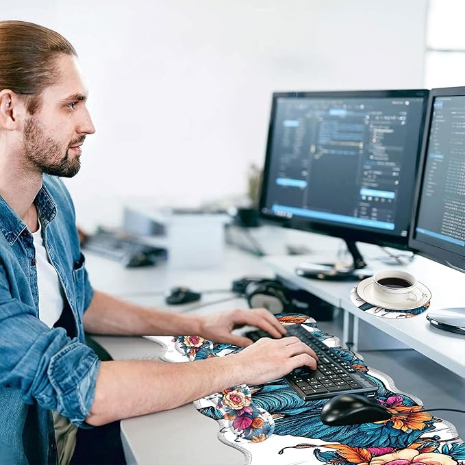 Large Mouse Pad and Keyboard Wrist Rest, Desk Pad for Keyboard and Mouse, 4-in-1 Large Gaming Mouse Pad with Wrist Support, Desk Mat for Home Office Study Game-Floral Elephant