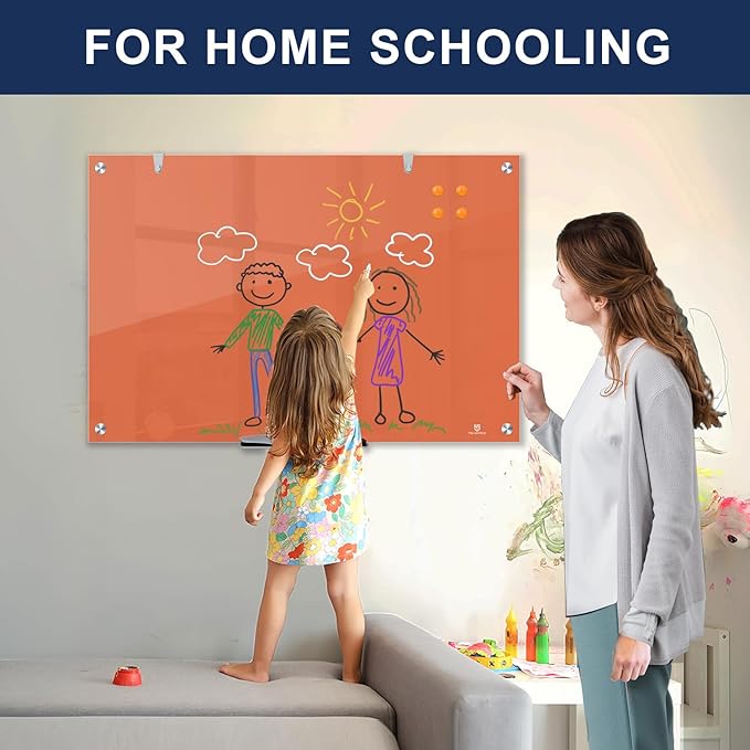 TSJ OFFICE Glass Dry-Erase Board - 36 x 24 Inches Wall Mounted Magnetic Whiteboard, Large Frameless Glass White Board for Office, Home & School, Orange
