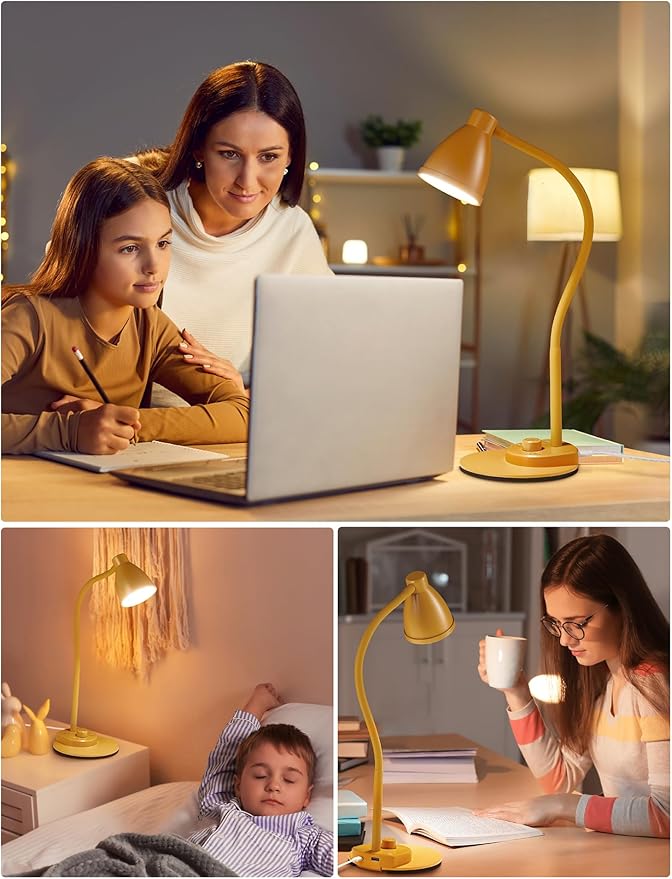 BOHON LED Desk Lamp with USB Charging Port, 3 Color Modes Fully Dimmable Reading Lamp, Auto Dimming Task Lamp, Flexible Neck Table Light for Home Office Dorm Bedside, Bright Yellow
