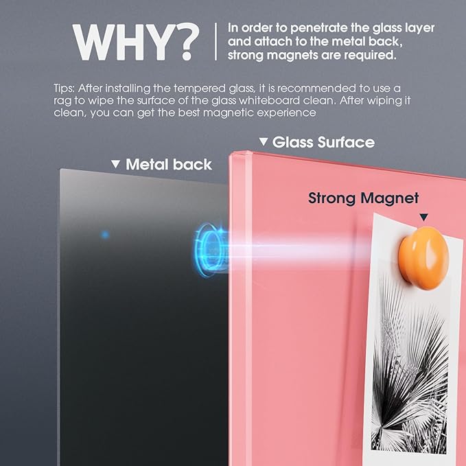MaxGear Glass White Board 36x24, Pink Wall Mounted Magnetic Glass Dry Erase Board, Large Frameless Whiteboard with 1 Eraser,3 Markers and 6 Magnets for Office, School, Home