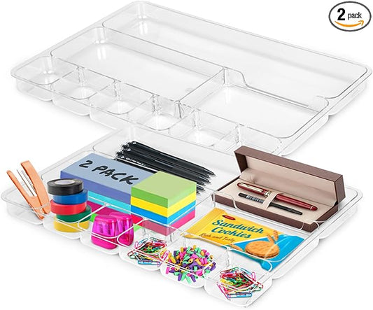 Manaloom Desk Drawer Organizer Tray with 9 Storage Compartments - For Home and Office - Drawer Organizers Office, Perfect Organizing Pens, Pencils, Paper Clips, Sticky Notes - Clear - 2 Pack
