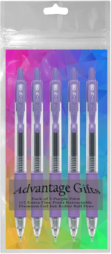 G2 Retractable Premium Gel Ink Roller Ball Pens Extra Fine Point (.5mm) Purple Ink 5 pack; Refillable & Premium Comfort Grip Bundle with Plastic Reusable Pouch