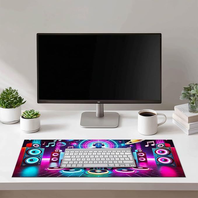 Large Mouse Pad 31.5 x 11.8 Inch Neon DJ Music Desk Mat Extended Keyboard Mousepad Non Slip Waterproof Gaming Desk Pad Futuristic Party Design for Home Office